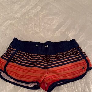 Hurley Women's Navy and Red Striped Athletic Shorts